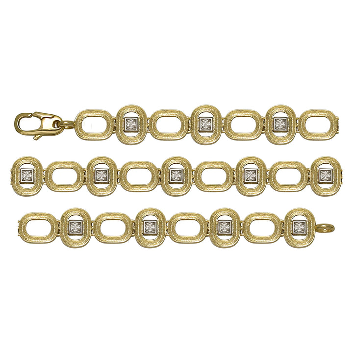 Solid gold fancy link bracelet, 9.15 g — shown in three rows across the frame.