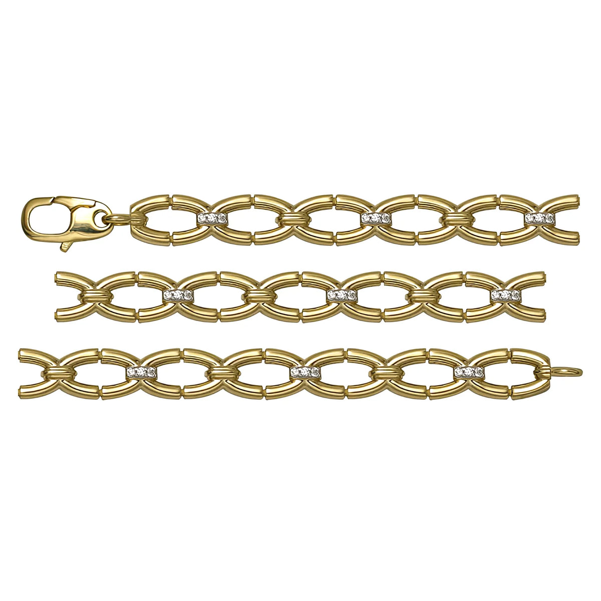 Solid gold fancy link bracelet, 7.90 g — shown in three rows across the frame.